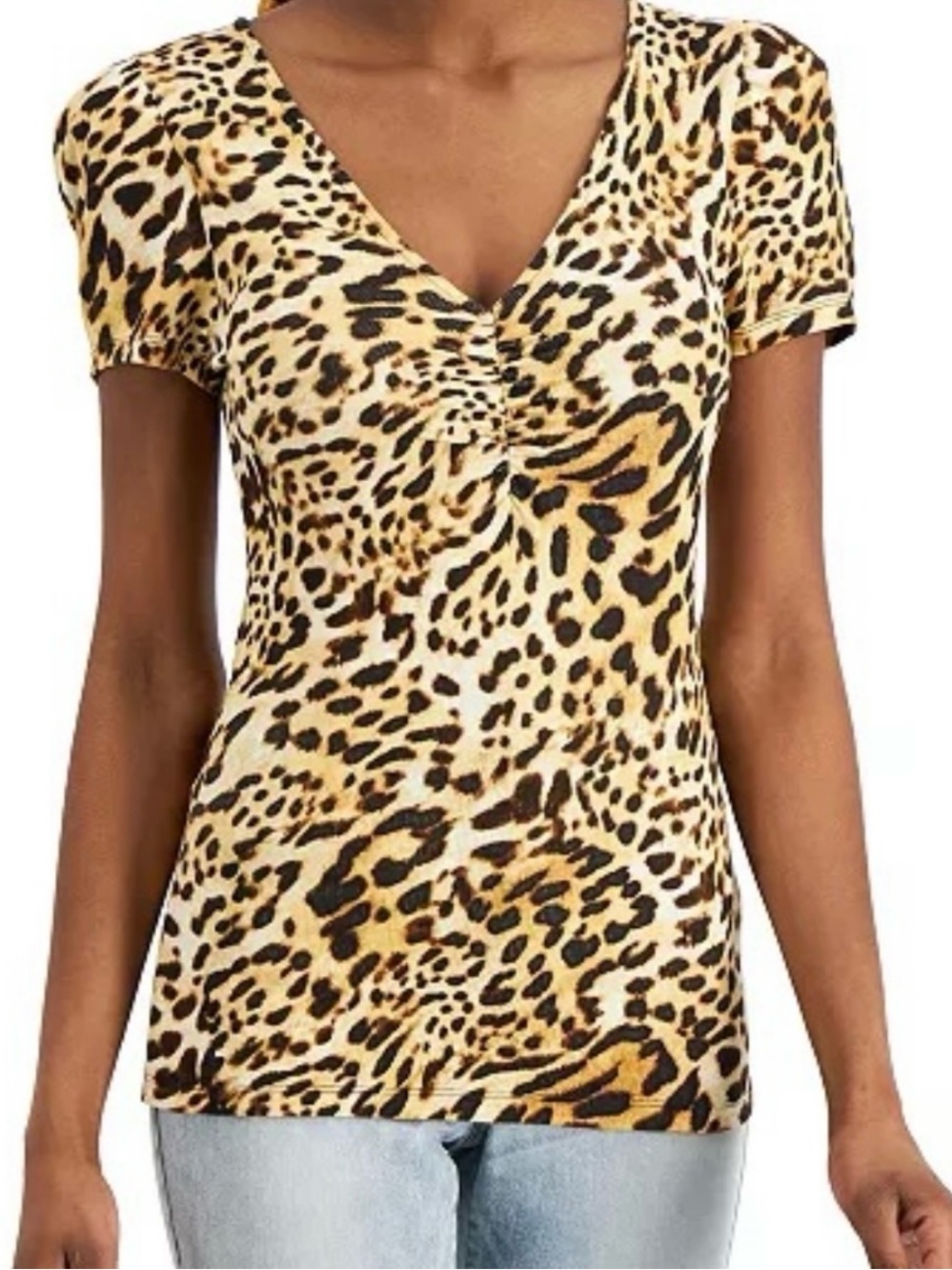 INC International Concepts Caterina Cheetah Ruched Ribbed Top L NWT